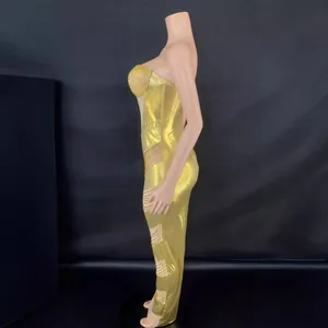 Gold metallic bodycon gown with side rhinestone cutouts for elegant evening events