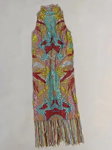 Full view of sleeveless bodycon dress with colorful rhinestones and fringe hem