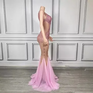 Luxury pink rhinestone mermaid gown stage costume for drag queens and red carpet