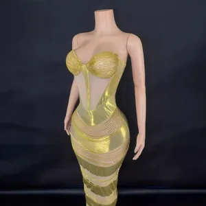 Elegant gold backless long evening gown with rhinestone stripes and slim fit design
