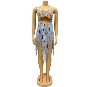 Sexy Halter Backless Tassel Mini Dress Women Rhinestone Fringe Bodycon Party Clubwear Top And Bottom Evening Gown Dress
