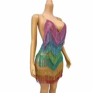 Multi-color rhinestone fringe mini dress with backless halter design for party