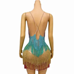 Detailed back view of a colorful rhinestone fringe mini dress with criss-cross straps
