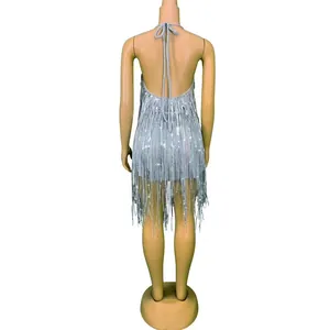 Sparkling silver fringe backless halter mini dress with sequin details for evening parties