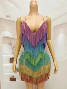 Detailed front view of a vibrant rainbow fringe rhinestone bodycon party mini dress