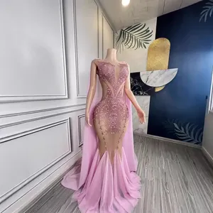 Glamorous pink deep V mermaid dress with sparkling rhinestones and elegant cape