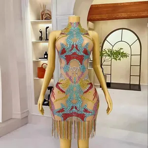 Fashionable mock neck colorful rhinestone bodycon mini dress with colorful fringe hem