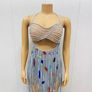 Sexy silver halter neck mini dress featuring sparkling rhinestones and colorful fringed tassels