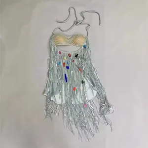 Exquisite sexy silver halter neck fringe mini dress with colorful rhinestone embellishments