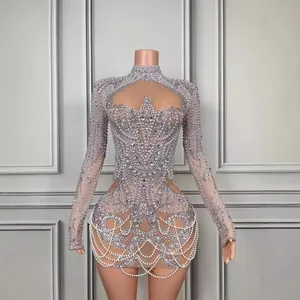 Women Sexy Mock Neck Long Sleeve Rhinestone Artificial Pearl Beaded Mini Dress Elegant Bodycon Party Club Wear Silver Gray Dress