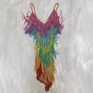 Colorful rainbow fringe sequin backless mini dress with spaghetti straps on floor