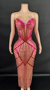 Detailed front view of hot pink metallic striped corset on long bodycon evening dress