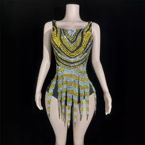 Women Sexy Backless V-Neck Rhinestone Fringe Mini Dress Slim Fit Black Gold Silver Evening Party Gown Stage Clothing