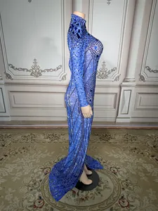 Side view of elegant blue sequin rhinestone maxi dress with high neck