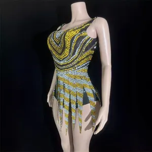 Sparkling yellow and silver rhinestone backless mini dress for parties or stage performances
