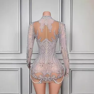 Sexy high neck long sleeve mini dress with sparkling rhinestones and pearls for party