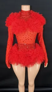 Glamorous red rhinestone bodysuit featuring ruffled mesh shoulders and waist design