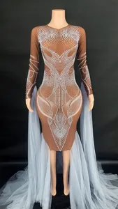 Close-up of brown mesh stage gown with white rhinestone patterns and blue tulle draping
