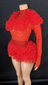 Close-up detail of sexy red rhinestone bodysuit with tulle ruffles and slimming waist.