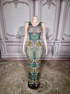 Elegant sheer black bodycon maxi dress with colorful rhinestones for music festival