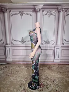 Detailed side view of a sheer black rhinestone evening dress with colorful sunflower patterns