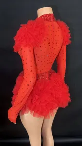 Back view detail of red rhinestone bodysuit romper with layered tulle ruffles