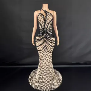 Damen Sexy Ein-Schulter Rückenfrei Strass Bodenlang Kleid Slim Fit Ärmellos Geometrisches Gitter Ball Abendkleid