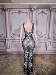 Detailed back view of a black sheer evening gown with colorful rhinestone floral patterns.