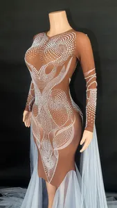 Detailed view of a sparkling brown performance dress with white pearl patterns and blue tulle skirt