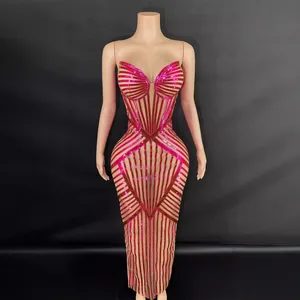 Women Strapless Fishbone Slim Bodycon Maxi Evening Dress Metallic Stripe Mesh Patchwork Elegant Party Formal Gown