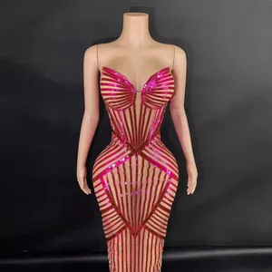 Elegant magenta fuchsia strapless boning bodycon long dress with metallic stripes