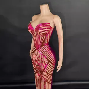 Magenta sequined strapless bodycon evening gown with metallic stripes for parties
