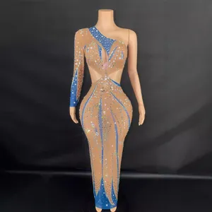 Sexy Damen Ein Schulter Langarm Strass Hohl Aus Maxi Kleid Elegant Körperbetont Party Abendkleid Nachtclub Bühne Kleid