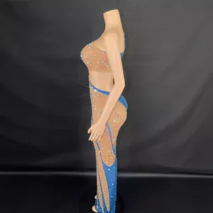 Sexy One-Shoulder Maxikleid aus Netzstoff mit Strasssteinen in Hautfarben und Blau