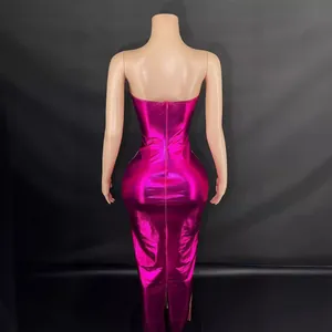 Stunning rose red metallic tube bodycon maxi dress with boning structure back view