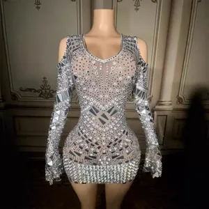 Abito da Donna Mini Bodycon con Paillettes Scollo a V Profondo Strass Specchio Spalle Scoperte Manica Lunga Sexy Club Performance