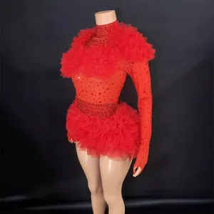 Sexy red rhinestone dance bodysuit with layered ruffled tulle and long sleeve design