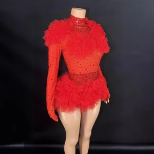 Sparkling red sequin bodysuit with ruffle mesh shoulders and waist for stage performance
