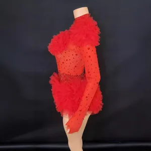 Red rhinestone bodysuit with ruffled tulle shoulders for stage performance