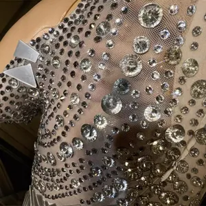 Dettaglio di lussuosi strass in cristallo su abito da spettacolo in rete mesh fine