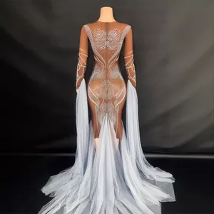 Luxurious rhinestone stage performance dress with long light blue tulle sleeves and train