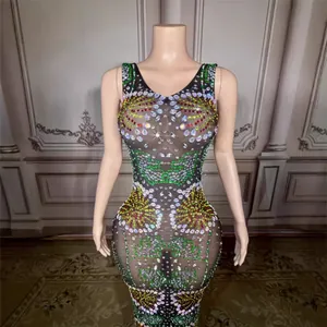 Elegant slim fit sheer mesh dress with colorful rhinestones for music festival or party