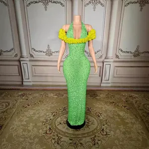 Women's Elegant Polyester Off-Shoulder Halter Neck Evening Dress Heavy Craft Rhinestone Bodycon Maxi Dress For Banquet Party