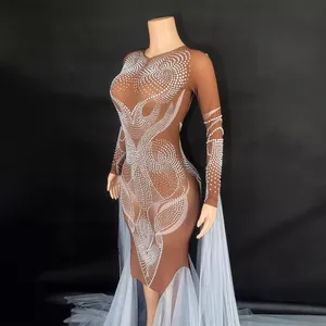 Brown stage performance dress with rhinestones and blue tulle train