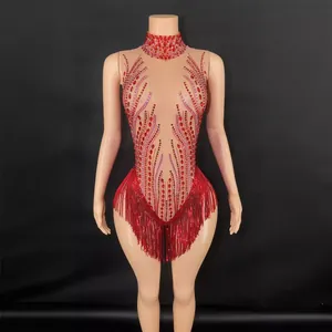 Tutina Romper da Donna con Strass Luccicanti e Nappine Senza Maniche Mezzo Collo Alto Bodysuit per Danza Latina Palcoscenico Festa