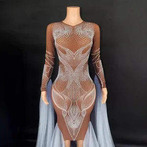 Elegant brown sheer stage dress featuring white rhinestones and a blue tulle cape detail