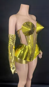 Vue détaillée d'un costume de scène doré avec soutien-gorge conique et manches assorties