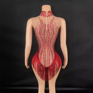 Splendido body rosso con strass e frange per danza latina, spettacoli e feste serali