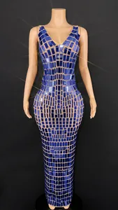 Stunning royal blue sequined evening dress featuring shimmering mirror pieces and a slim fit