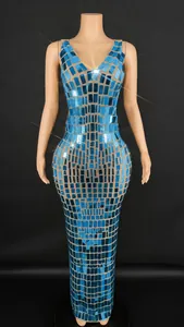 Stunning light blue sleeveless evening gown with mirrored rectangular sequins decoration.